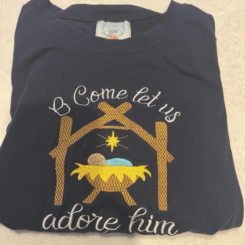 Kids Navy Blue Shirt with Embroidered Nativity Design